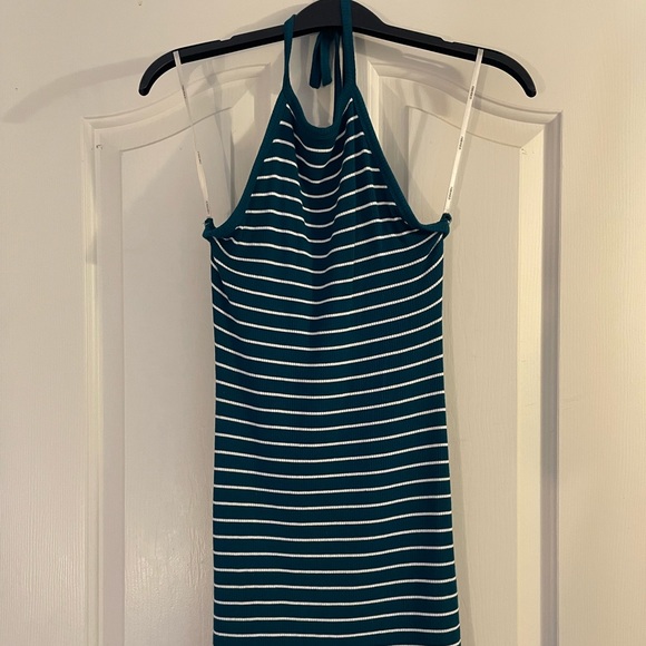 Forever 21 Halter Green and White Striped Ribbed Bodycon Dress - Picture 1 of 3